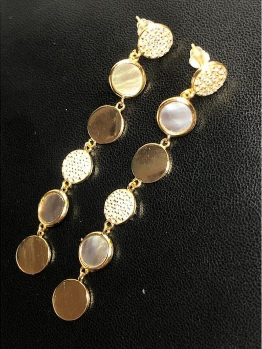 9169 Vermeil gold over 925 Dangle Earrings  Mother of Pearl & Pave CZ 2.25"